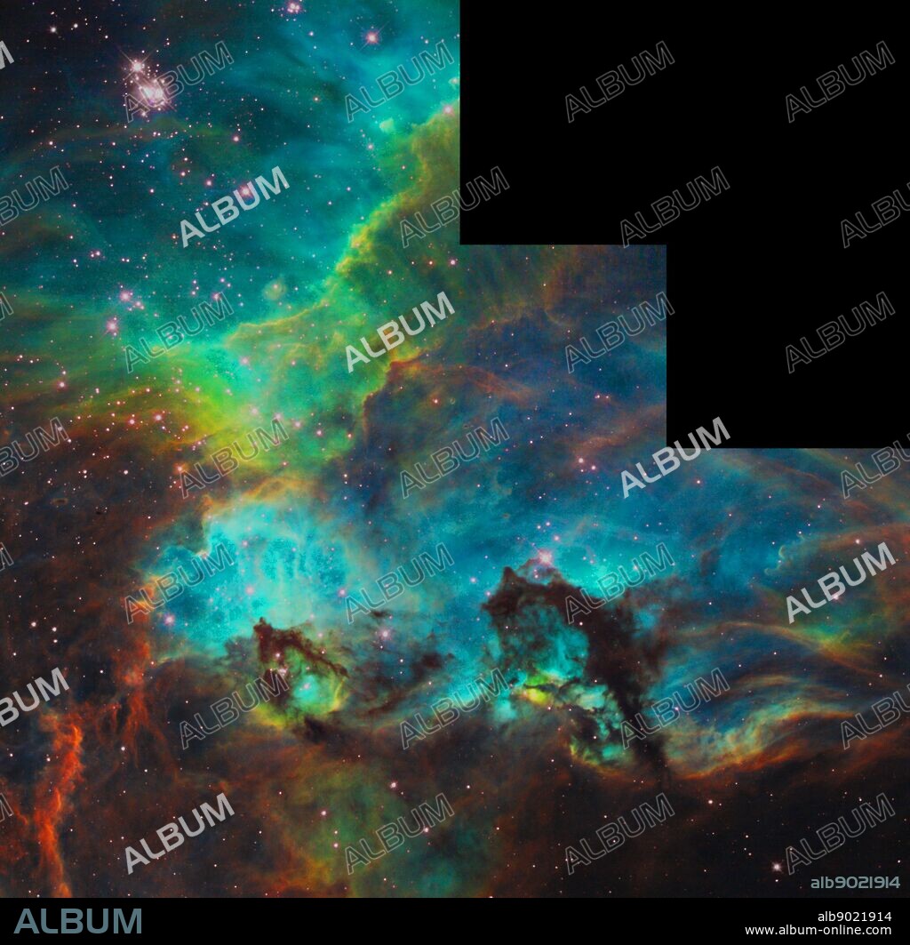 Star Cluster NGC 2074 in the Large Magellanic Cloud. A small portion of the nebula near the star cluster NGC 2074 (upper, left). The region is a firestorm of raw stellar creation, perhaps triggered by a nearby supernova explosion. It lies about 170,000 light-years away near the Tarantula nebula, one of the most active star-forming regions in our Local Group of galaxies. The three-dimensional-looking image reveals dramatic ridges and valleys of dust, serpent-head 'pillars of creation,' and gaseous filaments glowing fiercely under torrential ultraviolet radiation. The seahorse-shaped pillar at lower, right is approximately 20 light-years long, roughly four times the distance between our Sun and the nearest star, Alpha Centauri. The region is in the Large Magellanic Cloud (LMC), a satellite of the Milky Way galaxy. This representative color image was taken on August 10, 2008, with Hubble's Wide Field Planetary Camera 2. Red shows emission from sulfur atoms, green from glowing hydrogen, and blue from glowing oxygen.