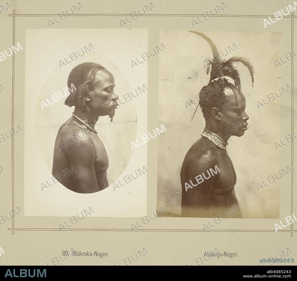 RICHARD BUCHTA. (left): Portrait of a Zande man with braided hair and wearing a neck ring.  (Right): Portrait of an Avokaya man with feather ornamented hair pin and bead strings around the neck. His upper lip is pierced by a thin metal ring ornament.    . Die oberen Nil-LaÌˆnder. Volkstypen und Landschaften. Dargestellt in 160 Photographien. Nach der Natur aufgenommen von R. Buchta. Mit einer Einleitung von Dr. Robert Hartmann. Berlin, 1881. Source: 1789.a.13 plate 80. Language: German.