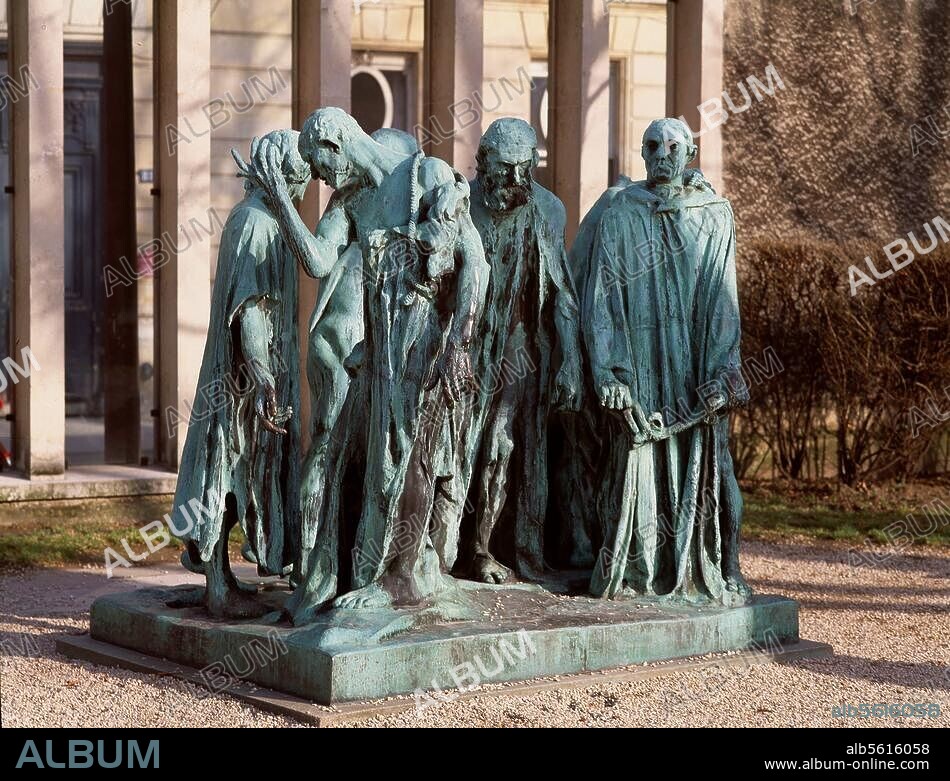AUGUSTE RODIN. Rodin, Auguste. 1840-1917. "Die Bürger von Calais", 1884-1886. (Entstanden im Auftrag der Stadt Calais zur Erinnerung an den Opfergang der Bürger von Calais im Jahre 1347). Höhe 210 cm., Breite 240 cm, Tiefe. 150 cm. Bronzereplik. Paris, Musée Rodin.