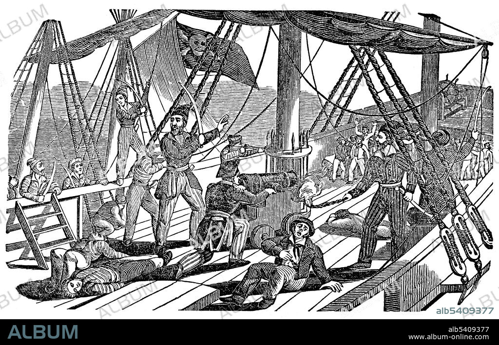 Jean Lafitte (1780 - 1823) was a French pirate and privateer. He operated a warehouse in New Orleans to help disperse the goods smuggled by his brother Pierre Lafitte. The Lafittes moved their operations to an island in Barataria Bay. In 1814 a US naval force invaded and captured most of Lafitte's fleet. In return for a pardon, Lafitte and his comrades helped Andrew Jackson defend New Orleans. The Lafittes became spies for the Spanish during the Mexican War of Independence and moved to Galveston Island, where they developed a pirate colony they called Campeche. He continued attacking merchant ships around Central American ports until he died circa 1823. (cropped and cleaned).