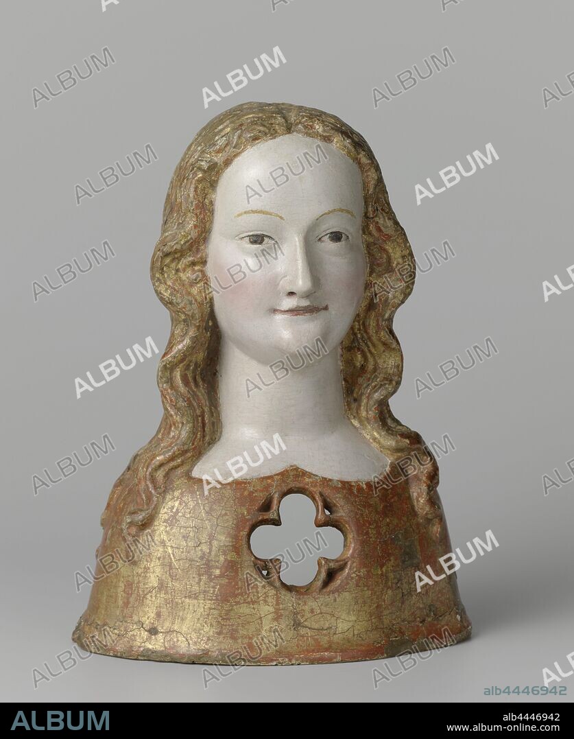Reliquary bust of one of Saint Ursula's virgins Relic bust of one of the companions of Saint Ursula, The separated hair of Ursula (or one of her companions) falls over the shoulders in waves along the face. She is wearing a tight-fitting robe. In the chest a quadruped opening, the virgin martyr Ursula of Cologne, possible attributes: arrow, banner with red cross, cloak or ermine, crown, ship, anonymous, Keulen, c. 1325 - c. 1349, walnut (hardwood), linen (material), h 26.6 cm.