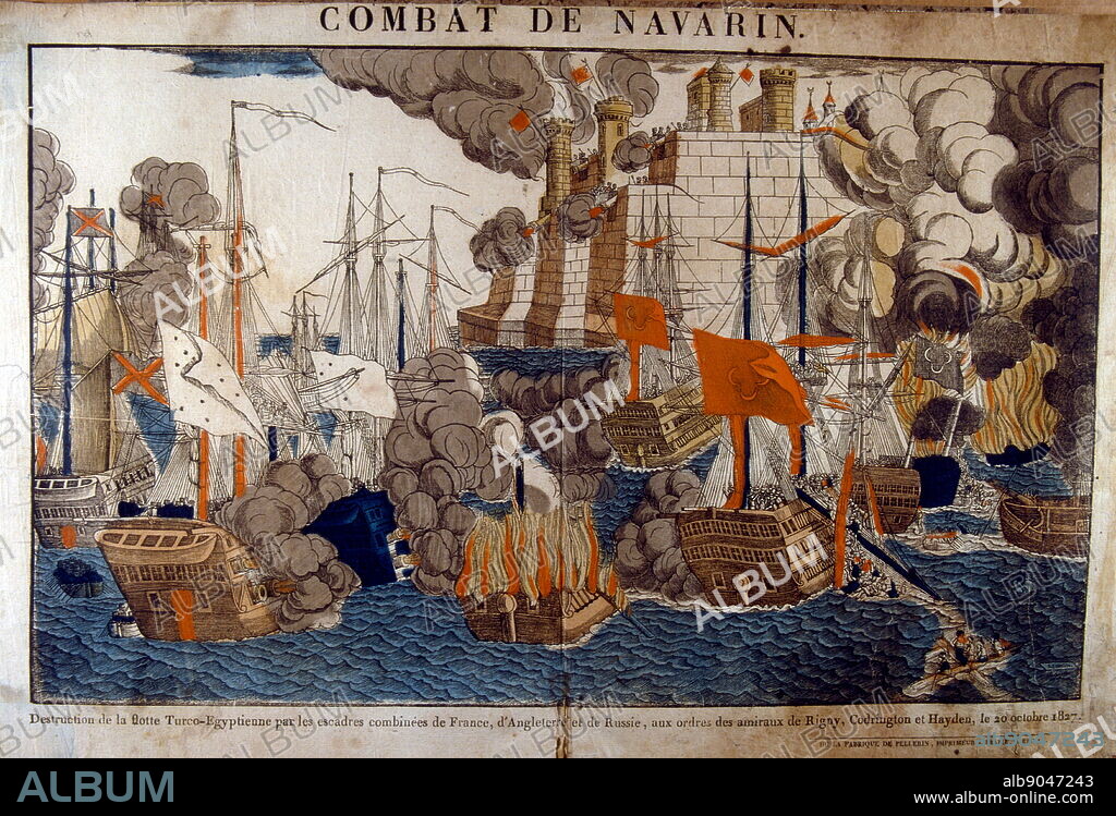 French illustration of the Naval Battle of Navarino (1827). The Battle of Navarino was a naval battle fought on 20 October 1827, during the Greek War of Independence (1821-32), in Navarino Bay (modern Pylos), on the west coast of the Peloponnese peninsula, in the Ionian Sea. Allied forces from Britain, France, and Russia decisively defeated Ottoman and Egyptian forces trying to suppress the Greek war of independence, thereby making much more likely the independence of Greece.