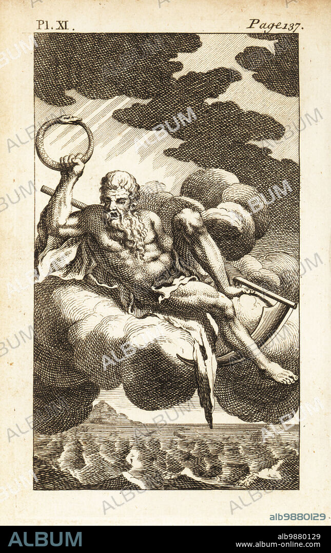 Saturn, Roman god of generation, dissolution, plenty, wealth. An aged bearded man, he sits on a cloud with ouroboros and scythe. Copperplate engraving from Andrew Tookes The Pantheon, Representing the Fabulous Histories of the Heathen Gods, London, 1757.