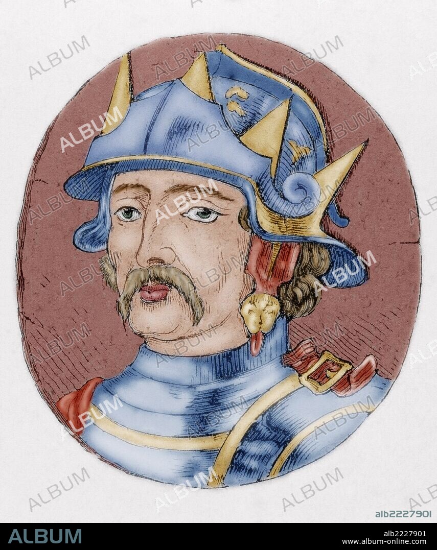 RAMIRO II (m.951). Rey de León (931-951), hijo de Ordoño II. Después de gobernar el territorio portugués (926-931), la renuncia de su hermano Alfonso IV le elevó al trono leonés. Grabado coloreado.
