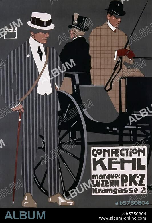 Fashion:. Men's fashion. Switzerland, 1913. "CONFECTION KEHL / marque: PKZ LUZERN 2 KRAMGASSE". Advertising poster for men's fashion. Colour lithograph, 1908, by Ludwig Hohlwein (1874-1949). Print: J. E. Wolfensberger, Zürich.
