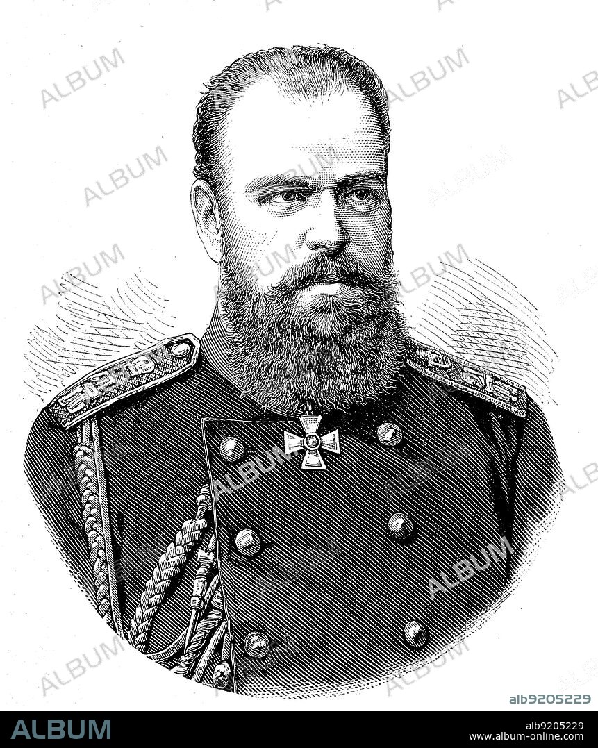 Alexander III., gebürtig Alexander Alexandrowitsch Romanow, 10. März 1845 - 1. November 1894, entstammte dem Hause Romanow-Holstein-Gottorp und war von 1881 bis 1894 Kaiser von Russland / Alexander III, born Alexander Alexandrovich Romanov, March 10, 1845 - November 1, 1894, descended from the House of Romanov-Holstein-Gottorp and was Emperor of Russia from 1881 to 1894, Historisch, historical, digital improved reproduction of an original from the 19th century / digital restaurierte Reproduktion einer Originalvorlage aus dem 19. Jahrhundert, genaues Originaldatum nicht bekannt.