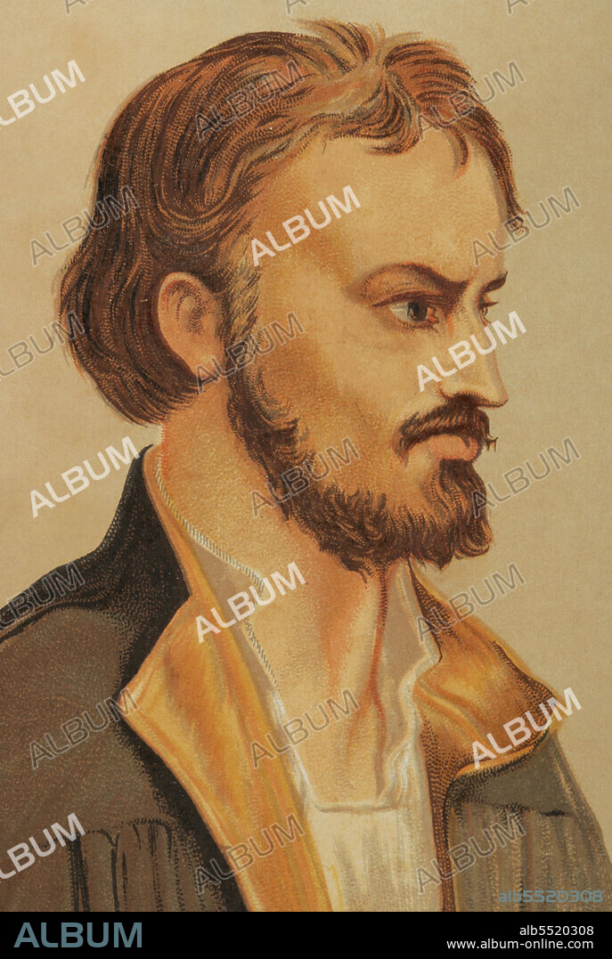 John Calvin (1509-1564). French theologian and reformer. Protestant reformer. Portrait. Chromolithography. "Historia Universal", by César Cantú. Volume VIII. Published in Barcelona, 1886.