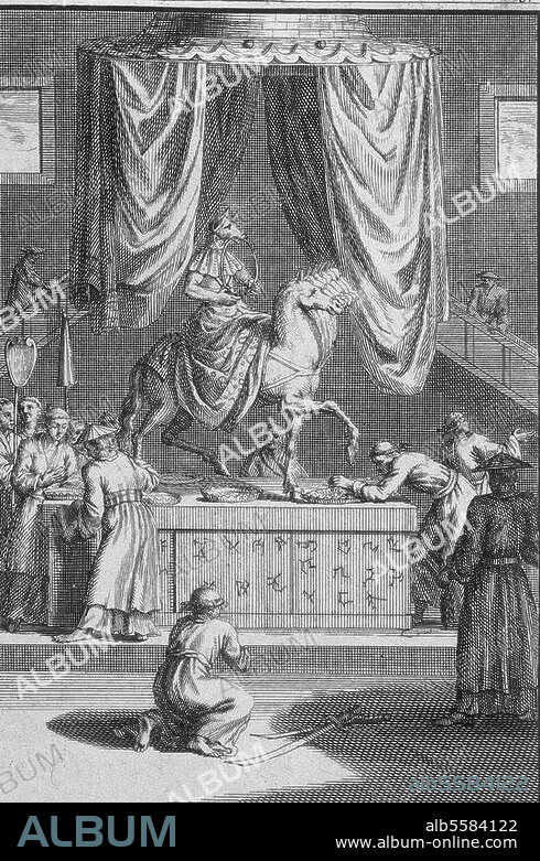 Religionen / Japan:. "Amida Divinité du Japon". Kupferstich von Bernard Picart (1673-1734). Aus: Cérémonies et coutumes religieuses des peuples idolatriques, Bd. IV, Cérémonies de la Chine & du Japon, Amsterdam. (J.F.Bernard) 1728.