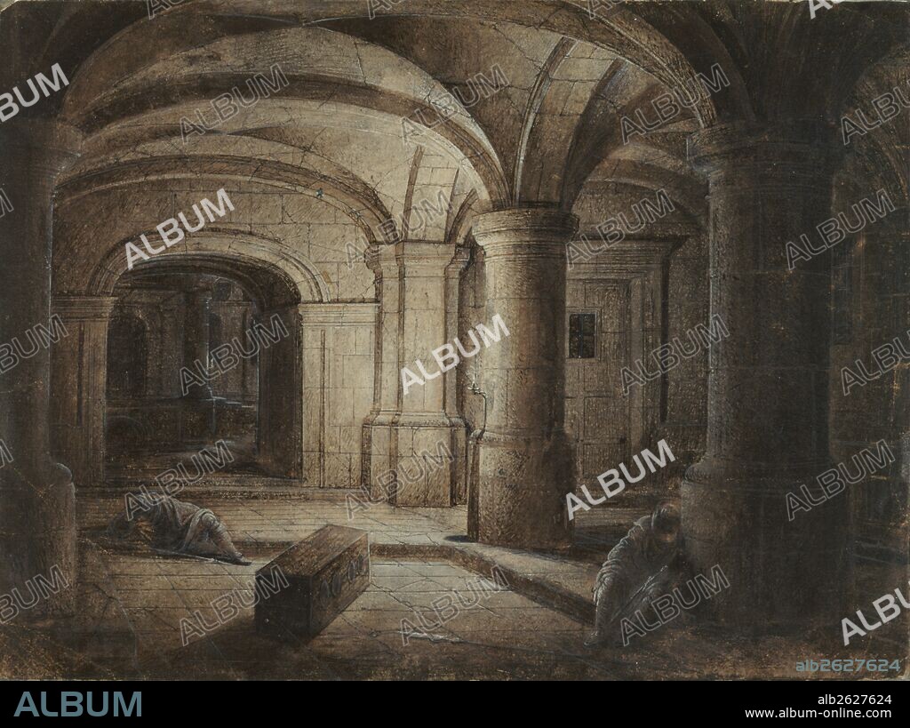 The Crypt of a Church with Two Men Sleeping; Hendrick van Steenwijck the Younger, Flemish, 1580 - 1649, active about 1603 - 1649; Netherlands, Europe; possibly 1625; Pen and dark brown ink, brush with brown wash, graphite, heightened with white gouache, on tan paper; 12.2 x 16.5 cm (4 13/16 x 6 1/2 in.).