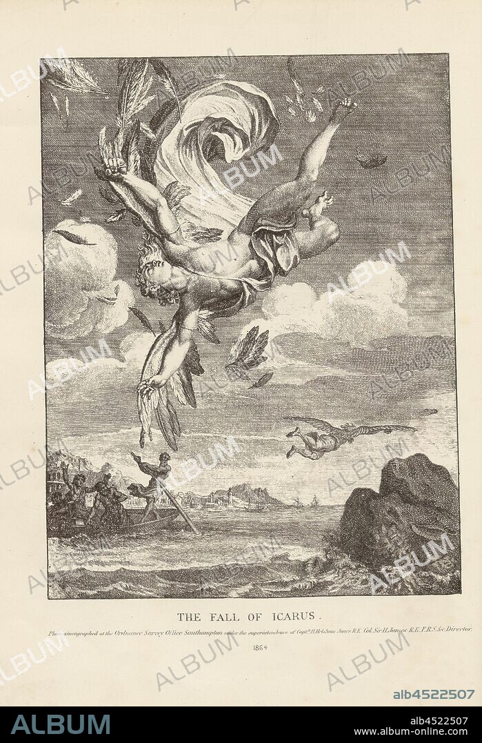 The Fall of Icarus, Crash of Icarus escaping with Daedalus from the island of Crete, frontispiece, Picart, Bernard (dir.), 1864, Hatton Turnor: Astra castra. Experiments and adventures in the atmosphere. London: Chapman and Hall, 1865.