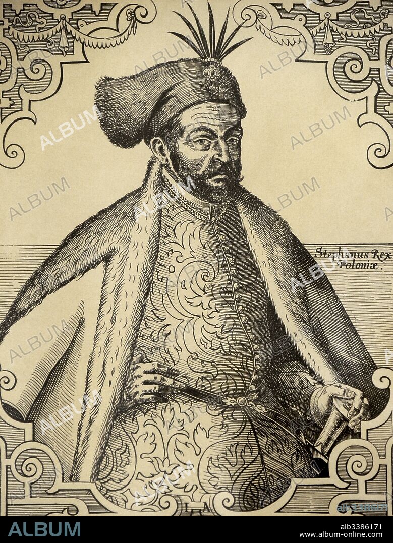 Esteban I Bathory de Somiya (1533-1586). Conde húngaro, principe de Transilvania (1571-1576) y rey de Polonia (1576-1586). Grabado posterior a Jost Amman. 1539-1591. "Ch. Barousse Printer of Lithographs, siglo XIX".