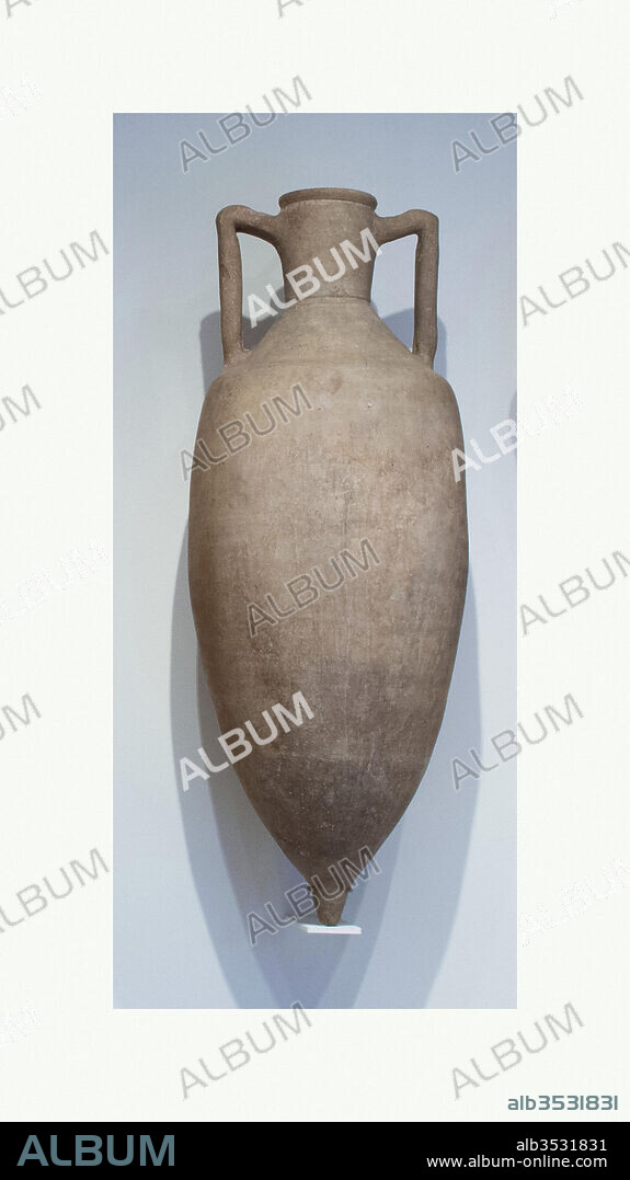 Terracotta transport amphora, Hellenistic, 2nd century B.C., Greek, Rhodian, Terracotta, H. 33 3/4 in. (85.8 cm), Vases, Gray clay vessel with angular shoulder and pointed bottom; no decoration.