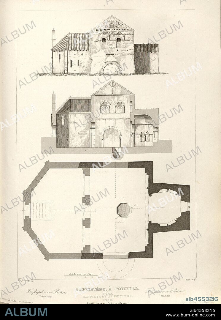 Baptistère, it's Poitiers. France, Floor plan, cross section and elevation of the Baptistery St-Jean in Poitiers, signed: Adolphe Berty; Bury sculp, Fig. 24, p. 95, Berty, Adolphe (del.); Bury, Jean Baptiste Marie (sc.), 1853, Jules Gailhabaud: Monuments anciens et modernes: collection formant une histoire de l'architecture des différents peuples à toutes les époques. Paris: Librairie de Firmin Didot frères, 1853.