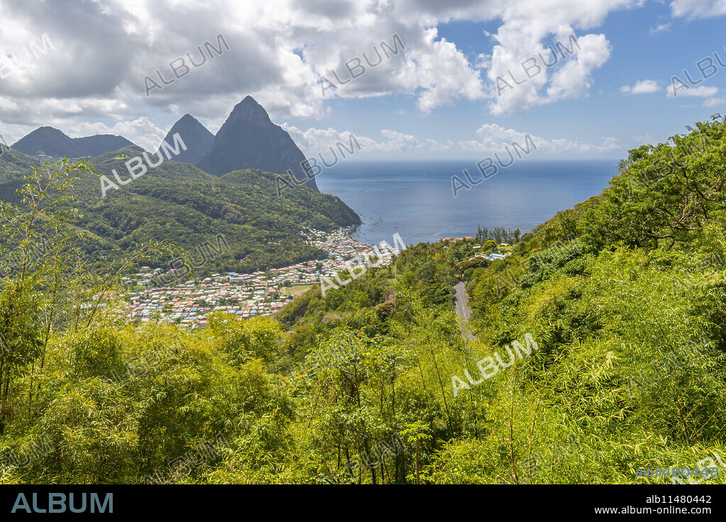 View of Soufriere with the Pitons, UNESCO World Heritage Site, beyond, St. Lucia, Windward Islands, West Indies Caribbean, Central America.