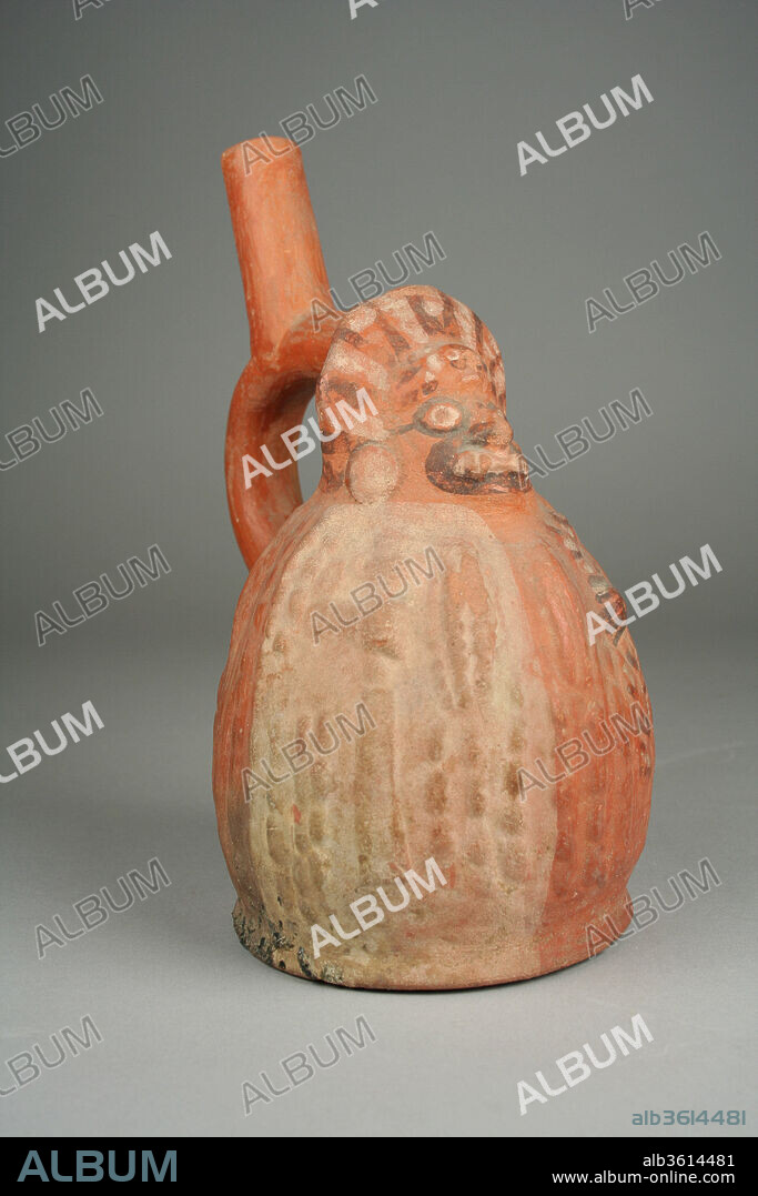 Stirrup Spout Bottle with Ai-Apec. Culture: Moche. Dimensions: H x W: 8 1/4 x 4 1/2in. (21 x 11.4cm). Date: 5th-7th century.