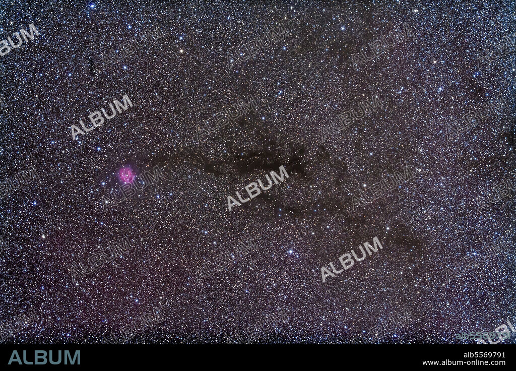 The Cocoon Nebula (IC 5146), a bright red emission and blue reflection nebula 4,000 light years away in the constellation Cygnus, located at the end of a long dark nebula Barnard 168.