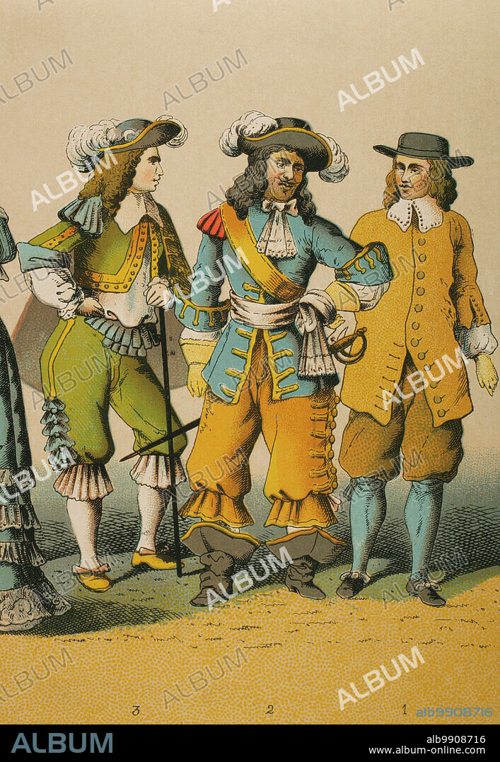 History of France. 1600-1670. From right to left, 1: merchant, 2: soldier, 3: knight. Chromolithography. "Historia Universal", by César Cantú. Volume VIII, 1881.