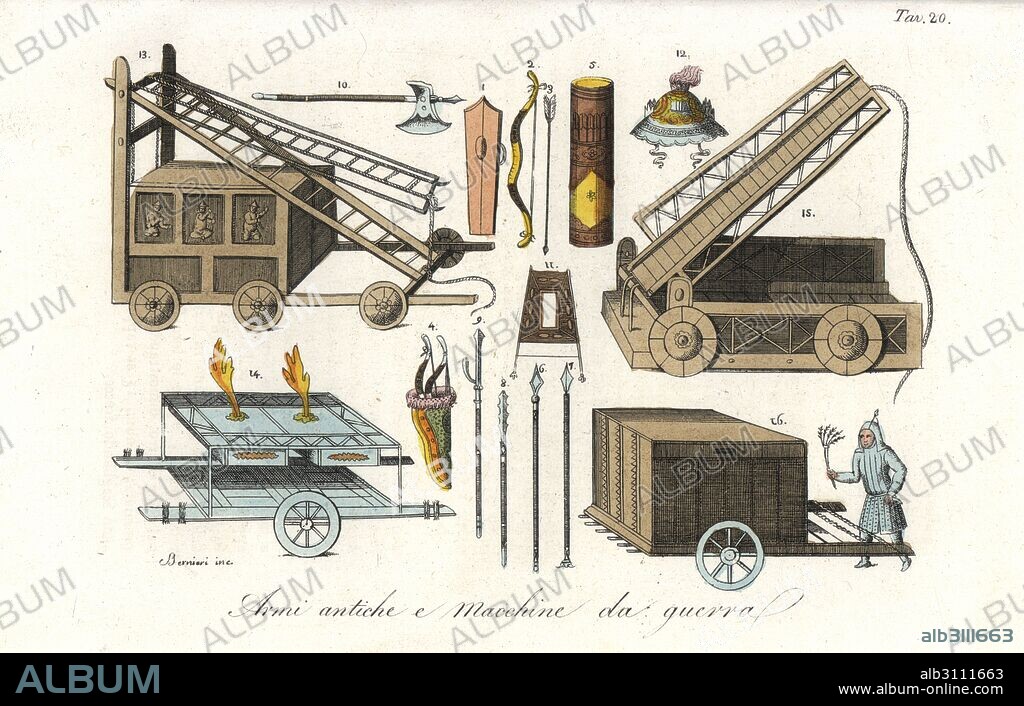 Ancient Chinese weapons including shield 1, bow and arrow 2, axe 10, helmet 12, lance 8,9, quiver 4, and war engines, including mobile siege ladder 13, mobile moat bridge 15, fire starter engine 14, explosive gunpowder wagon 16, and wall-gouging spears 6,7. Handcoloured copperplate engraving by Andrea Bernieri from Giulio Ferrario's Ancient and Modern Costumes of all the Peoples of the World, Florence, Italy, 1843.