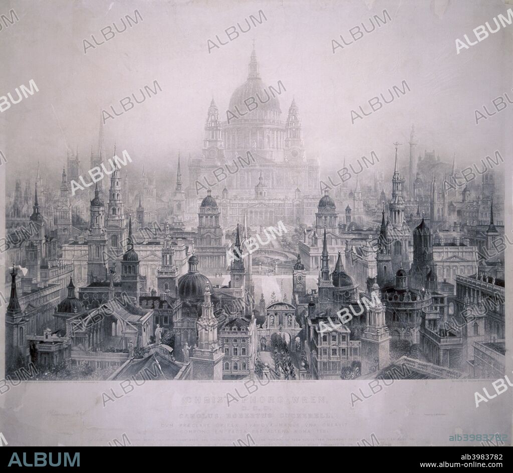 Dream City of Christopher Wren's Buildings, 1842. Dominated by St Paul's Cathedral in London, this tribute to the work of the architect Sir Christopher Wren brings together all the buildings thought to be by Wren in London, Cambridge, Oxford and Warwick, creating an architectural dream city. Several of the buildings are not in fact by Wren - eg Morden College and the towers of Westminster Abbey.