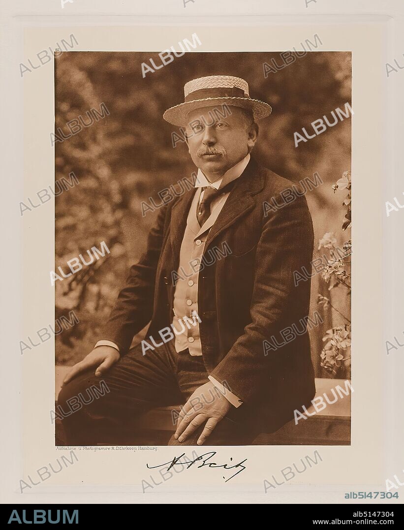 Rudolph Dührkoop, Alfred Beit i. F. Wernher, Beit & Co, London from the portfolio Hamburgische Männer und Frauen am Anfang des XX. Jahrhunderts, Staatliche Landesbildstelle Hamburg, collection on the history of photography, paper, heliogravure, image size: height: 22,40 cm; width: 16,90 cm, signed: recto below the image: Exposed signature of the sitter, inscribed: recto: engraved on printing plate, below the image: photograph and photogravure R. Dührkoop, Hamburg, top left above picture 87; top right in the corner noted in lead:35, stamp: recto: handwritten addition: Inv.No. and reference to repro, portrait photography, portrait, seated figure, fashion, clothing, historical person, Alfred Beit, part of the portfolio Hamburg Men and Women at the Beginning of the XXth Century - Camera Portraits - Photographed, etched in copper and printed by Rudolph Dührkoop Hamburg 1905.