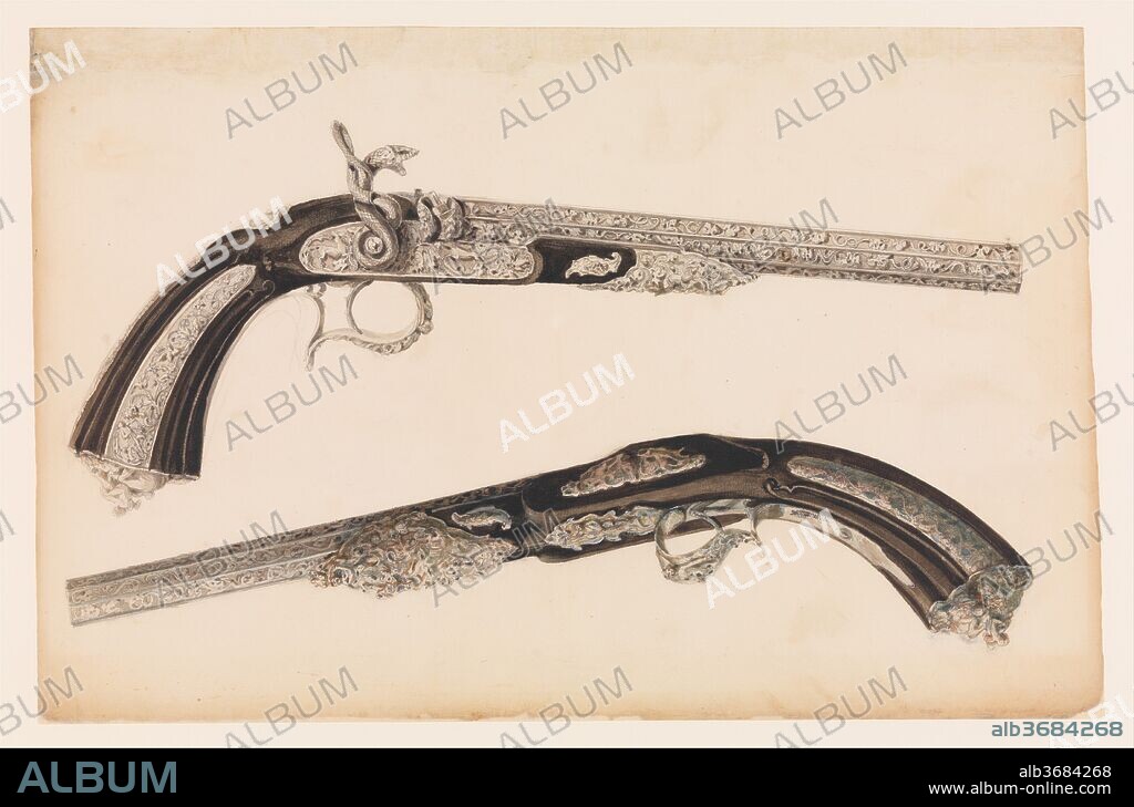 Designs for the Ornament of Swords and Firearms. Culture: French, Paris. Designer: Workshop of Louis-François Devisme (French, Paris, active 1833-1886). Dimensions: 19 x 12 1/2 in. (48.2 x 31.7 cm). Date: ca. 1850-60.
These designs are part of an album from the workshop of the Parisian gunmaker Louis-François Devisme (active 1833-1886). The album includes thirty-five original drawings, in addition to tracings and inked impressions ("pulls"), showing swords, parts of swords, firearms, and firearms ornament. Together they represent an eclectic mix of Renaissance revival, neoclassical, and Second Empire styles, all of which were popular in French decorative arts during the mid-nineteenth century.