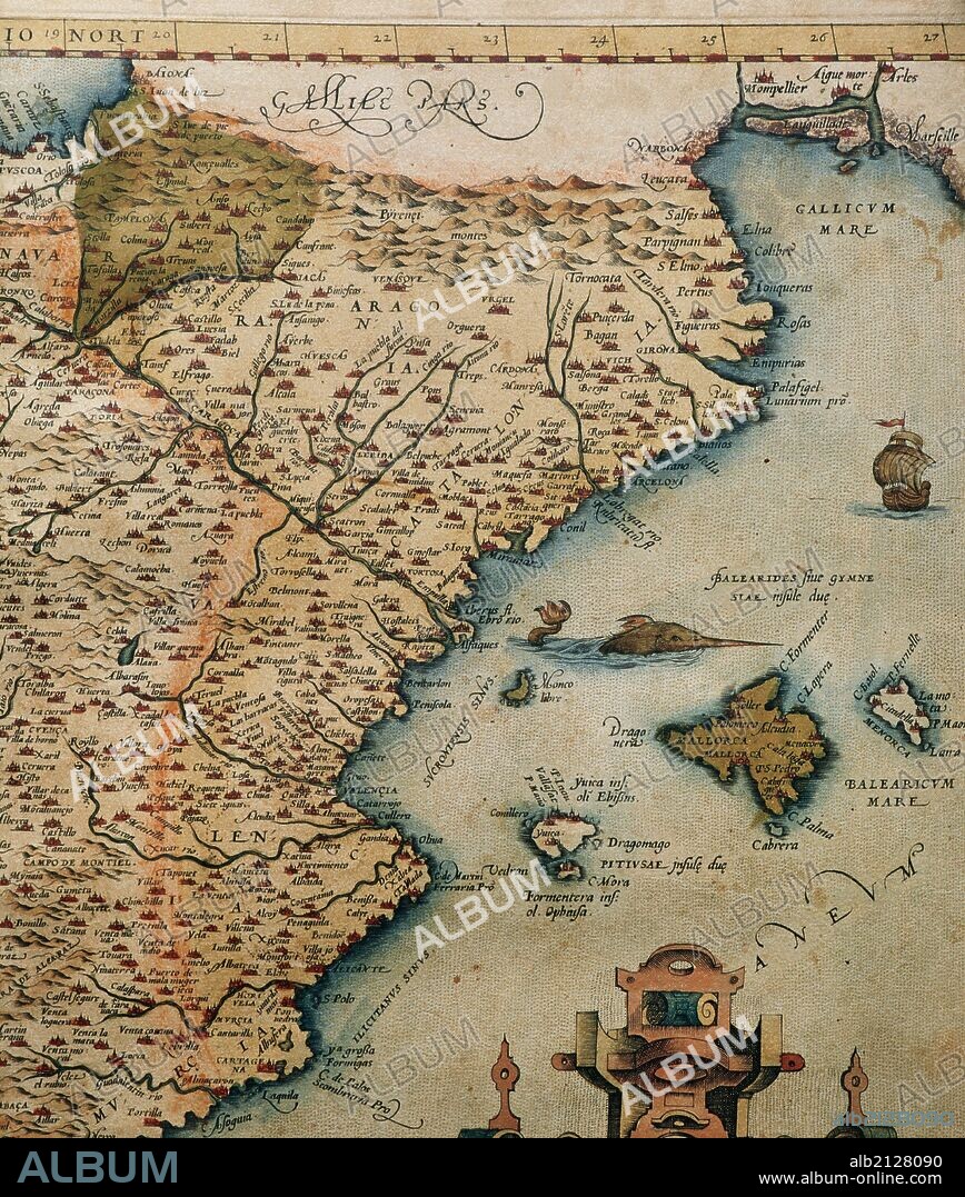 "MAPA DE LOS REINOS DE ARAGON Y NAVARRA". Obra de Abraham ORTELIUS, editor del atlas "Teatrum Orbis Terrarum". Primera edición de Amberes del año 1574 Biblioteca de Cataluña. Barcelona.