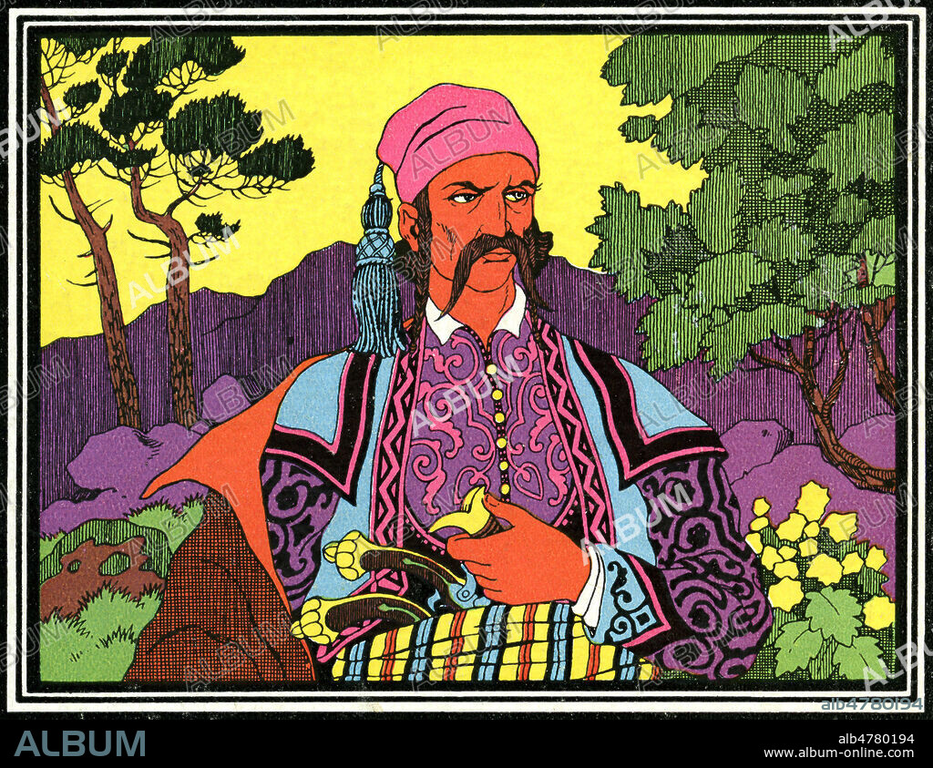 Le chef des brigands Hadgi-Stravos. Illustration anonyme de 1941 pour Le Roi des Montagnes par Edmond ABOUT (1828-1885). Credit : Coll. Jonas/Kharbine-Tapabor.