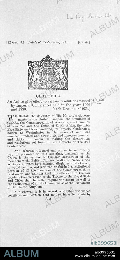 Act concerning royal succession, 1931. Page from the Statute of Westminster concerning succession to the throne and royal titles.