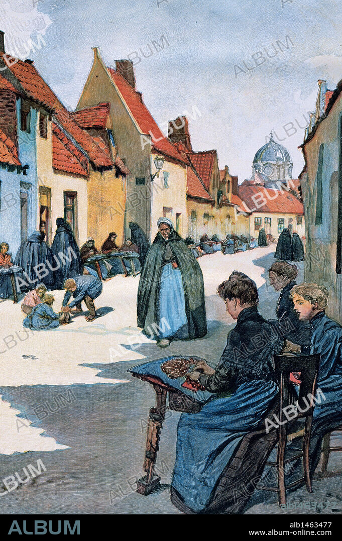 SOCIEDAD PRINCIPIOS SIGLO XX. BELGICA. ENCAJERAS DE BRUJAS en una de las calles del barrio artesanal. Finales del siglo XIX e inicios del siglo XX. Dibujo de la época.