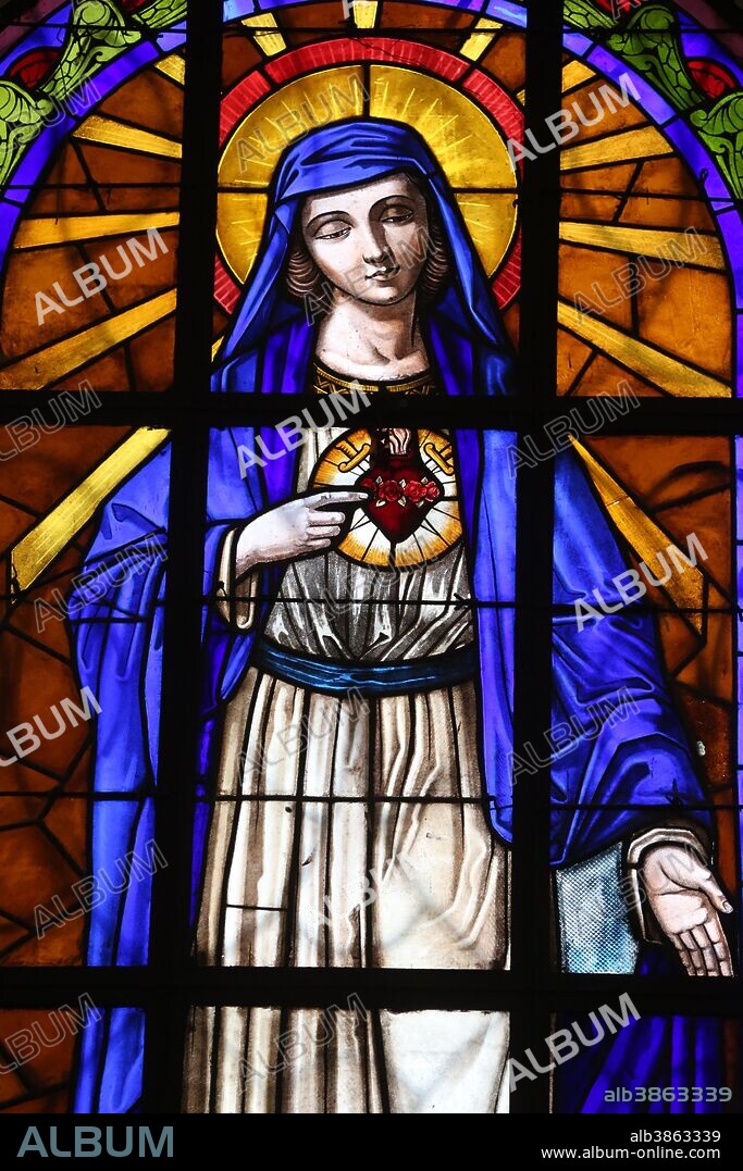 Dalat cathedral. Stained glass window. The Immaculate Heof Mary. Dalat, Vietnam.
