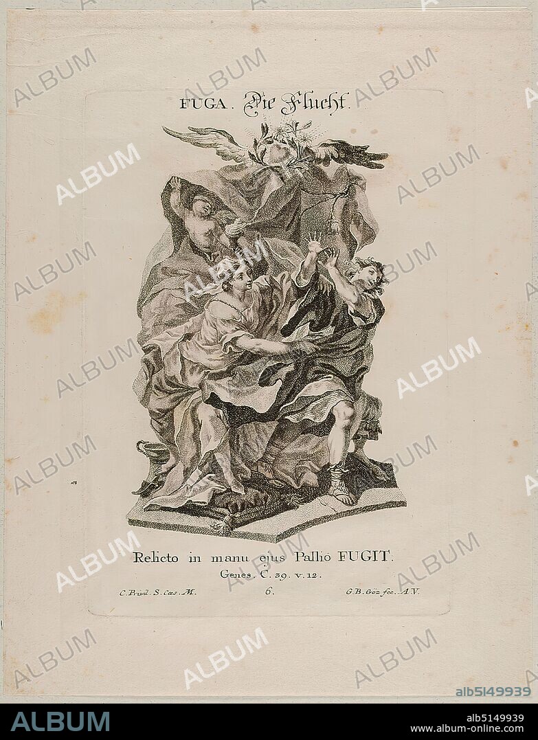 Gottfried Bernhard Göz, 1st book Mose/Genesis - Die Flucht, dotted manner, sheet size: height: 22,90 cm; width: 17,60 cm, signed, inscribed and numbered on the plate: FUGA. The Flight, Relicto in manu ejus Pallio FUGIT, Genes. C. 39. V. 12, C. Privil. S. Caes. M, 6th, G. B. Göz fec. A. V, prints, printed matter, Rocaille, sheet 6 from the series Passiones Animi aequae bonae ac malae, figuris biblicis Penicillo The good and bad sufferers of the human mind presented in biblical stories.