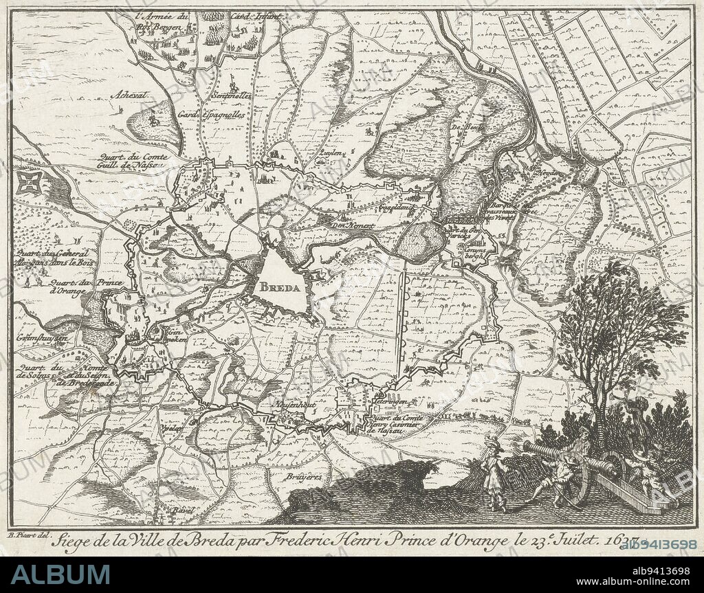 Map of Breda and the surrounding countryside during the siege by the State army under Frederick Henry, 23 July - 10 October 1637 In the foreground soldiers at a cannon, Map of the siege of Breda by Frederick Henry, 1637 Siege de la Ville de Breda par Frederic Henri Prince d'Orange le 23rd Juilet 1637, print maker: Bernard Picart, (attributed to), intermediary draughtsman: Bernard Picart, (mentioned on object), Claes Jansz. Visscher (II), (workshop of), Northern Netherlands, 1732 - 1733, paper, etching, h 107 mm × w 138 mm.