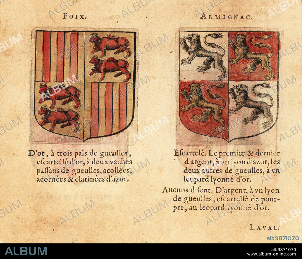 Coats of arms of the Count of Foix, quarterly with three red pales and two red bulls on gold field, and the Count of Armagnac, quarterly, with blue lions and gold leopard lions. Comtez: Foix, Armignac. Handcoloured woodblock engraving from Hierosme de Baras Le Blason des Armoiries, Chez Rolet Boutonne, Paris, 1628.