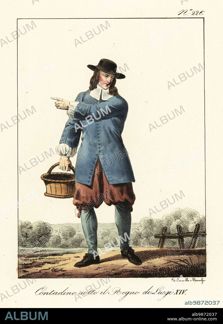 Costume of a French peasant in the mid 1600s. In hat, blue coat, cotton shirt, knee-length breeches, gaiters, holding a basket. Paysan sous le Regne de Louis XIV. Handcoloured lithograph by Lorenzo Bianchi and Domenico Cuciniello after Hippolyte Lecomte from Costumi civili e militari della monarchia francese dal 1200 al 1820, Naples, 1825. Italian edition of Lecomtes Civilian and military costumes of the French monarchy from 1200 to 1820.