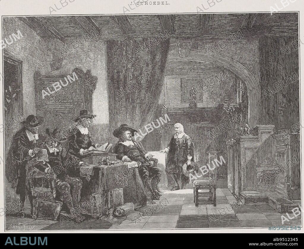 Joost van den Vondel stands opposite four mayors behind a table with books and papers. Vondel in the Mayor's Room , print maker: Smeeton Tilly, (mentioned on object), Johannes Stroebel, (mentioned on object), Paris, c. 1874 - 1888, paper, h 333 mm × w 504 mm.