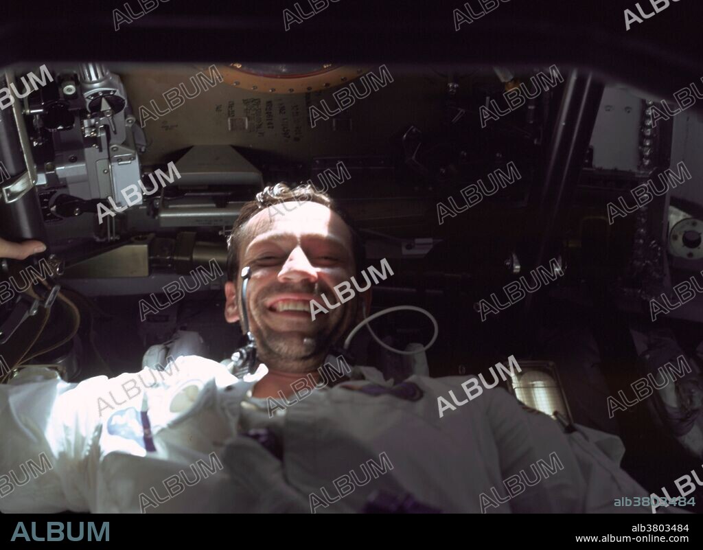 Astronaut Donn F. Eisele piloting the Command Module of Apollo 7 on the ninth day of the mission. October, 1968.
