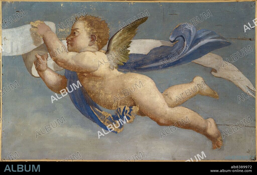 Putto holding parchment. Decorative painting, between 1801 and 1900.