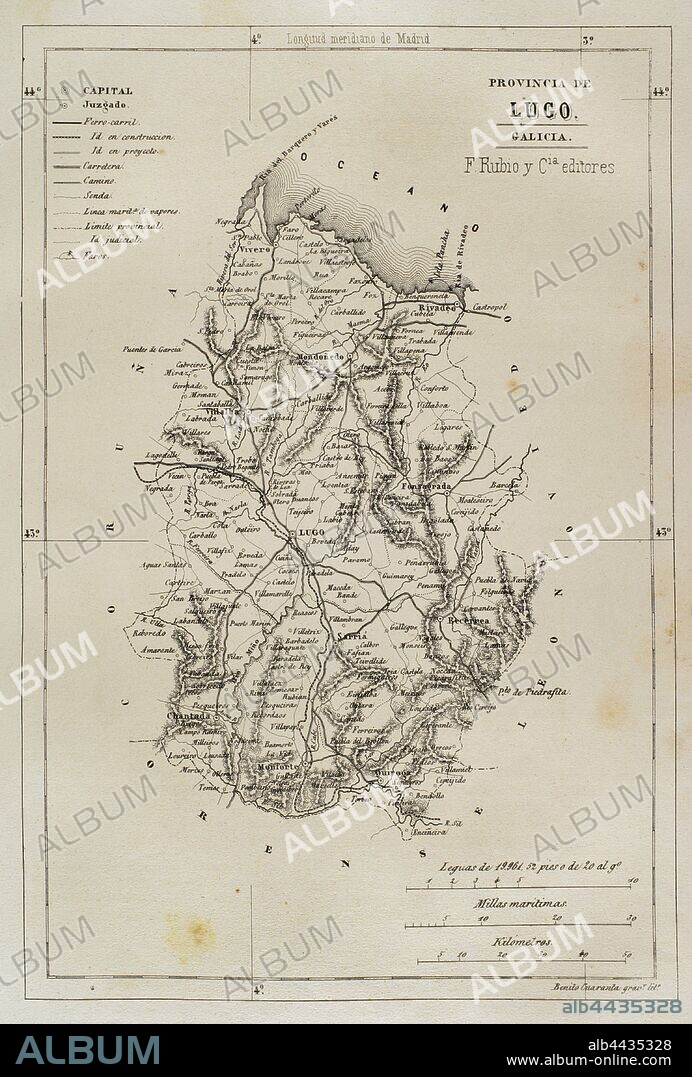 España. Galicia. Mapa de la provincia de Lugo. Crónica General de España, Historia Ilustrada y Descriptiva de sus Provincias. Galicia,1866. Biblioteca Histórico Militar de Barcelona, Cataluña, España.
