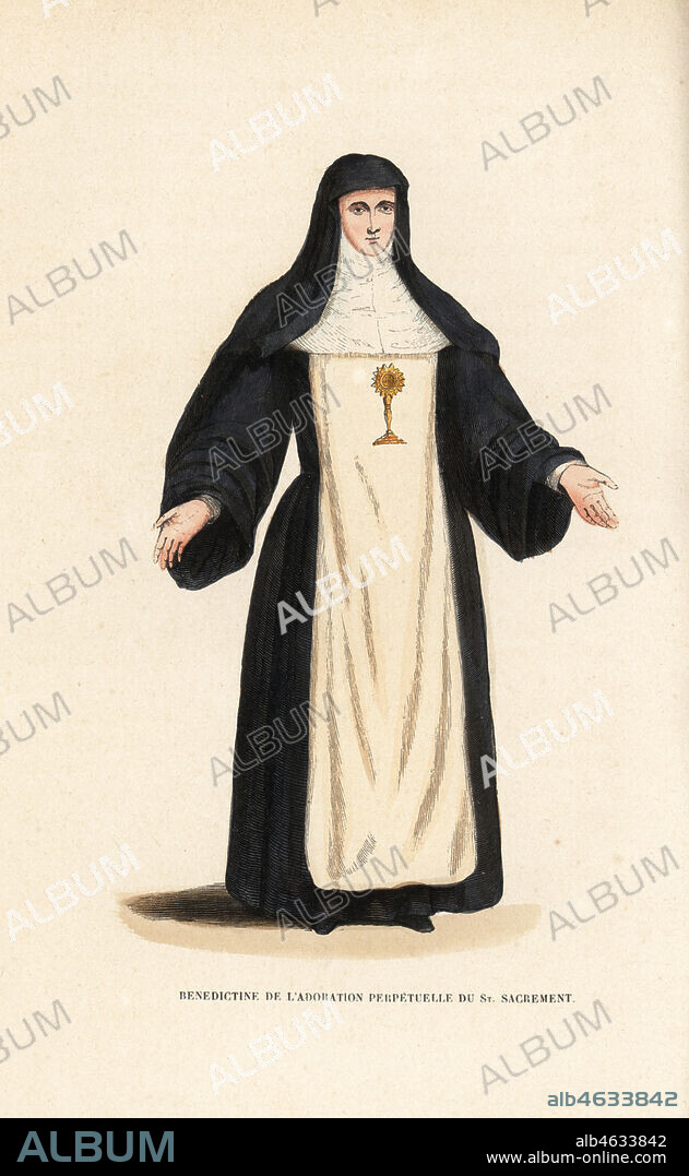 Nun of the Benedictine order of Perpetual Adoration of the Eucharist, Benedictine de lAdoration Perpetuelle du St. Sacrement. In habit with image of monstrance. Handcoloured woodblock engraving after an illustration by Jacques Charles Bar from Abbot Tirons Histoire et Costumes des Ordres Religieux, Librairie Historique-Artistique, Brussels, 1845.