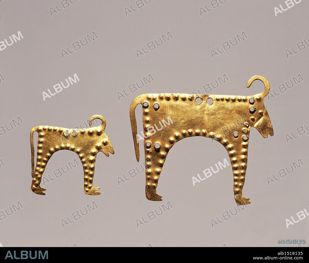 Prehistory, Bulgaria, Aeneolithic - Gold leaf with animal figures from excavations at Varna, tomb 36.