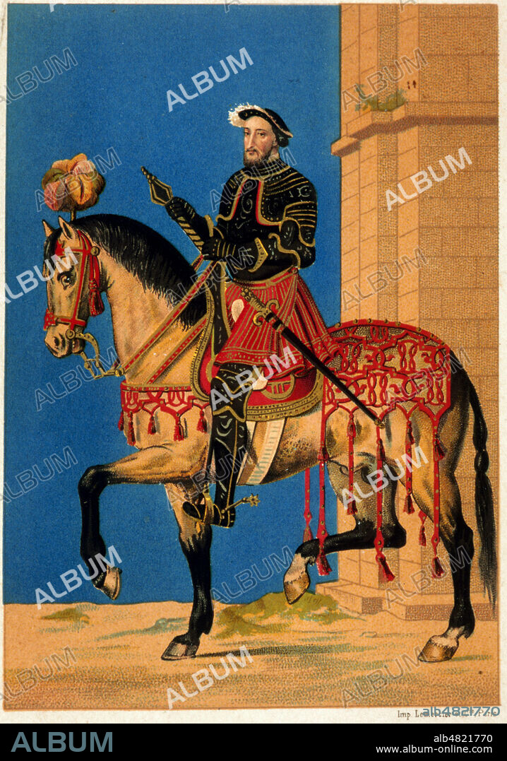 Portrait equestre de FRANCOIS 1ER (1494-1547) . Chromolithographie d'apres peinture de Jean CLOUET (vers 1485-1541). Credit : Collection KHARBINE-TAPABOR.