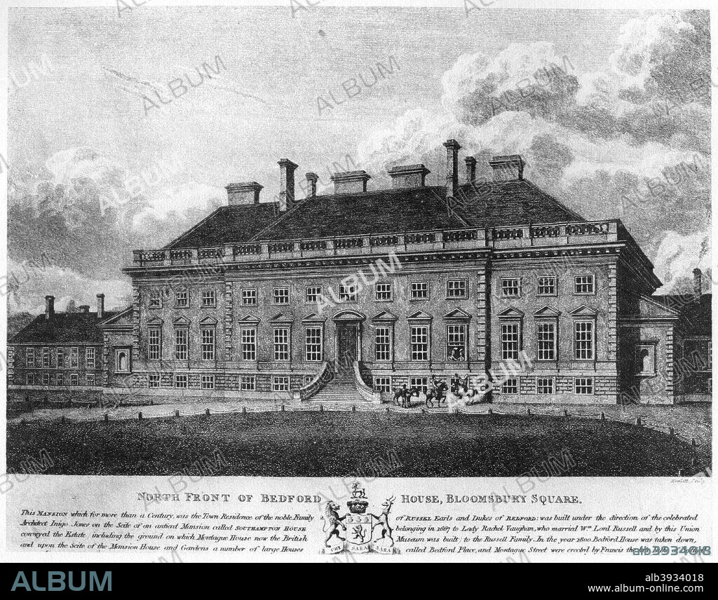 North front of Bedford House, Bloomsbury Square, London, 19th century (1907). Bedford House was originally known as Southampton House, and was the residence of the Earl of Southampton, who laid out the square in the late 17th century. The house passed to the Dukes of Bedford by marriage in the 18th century. The Duke moved out in the early 19th century as the square lost its fashionable status and the house was demolished and replaced by terraced houses. A print from The History of the Squares of London Topographical and Historical by E Beresford Chancellor, Kegan Paul, Trench, Trubner and Co Ltd, London, 1907.