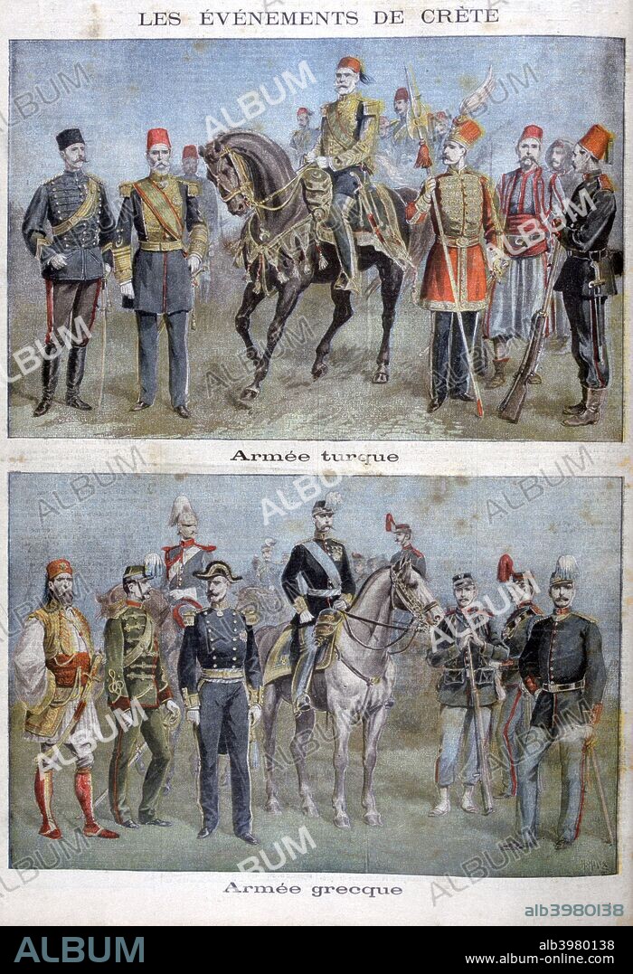Uniforms of the Greek and Turkish armies, 1897. The Greco-Turkish War of 1897, also called the Thirty Days' War, was a war between Greece and the Ottoman Empire, under its ruler Sultan Abdul Hamid. An illustration from Le Petit Journal, 28th February 1897.