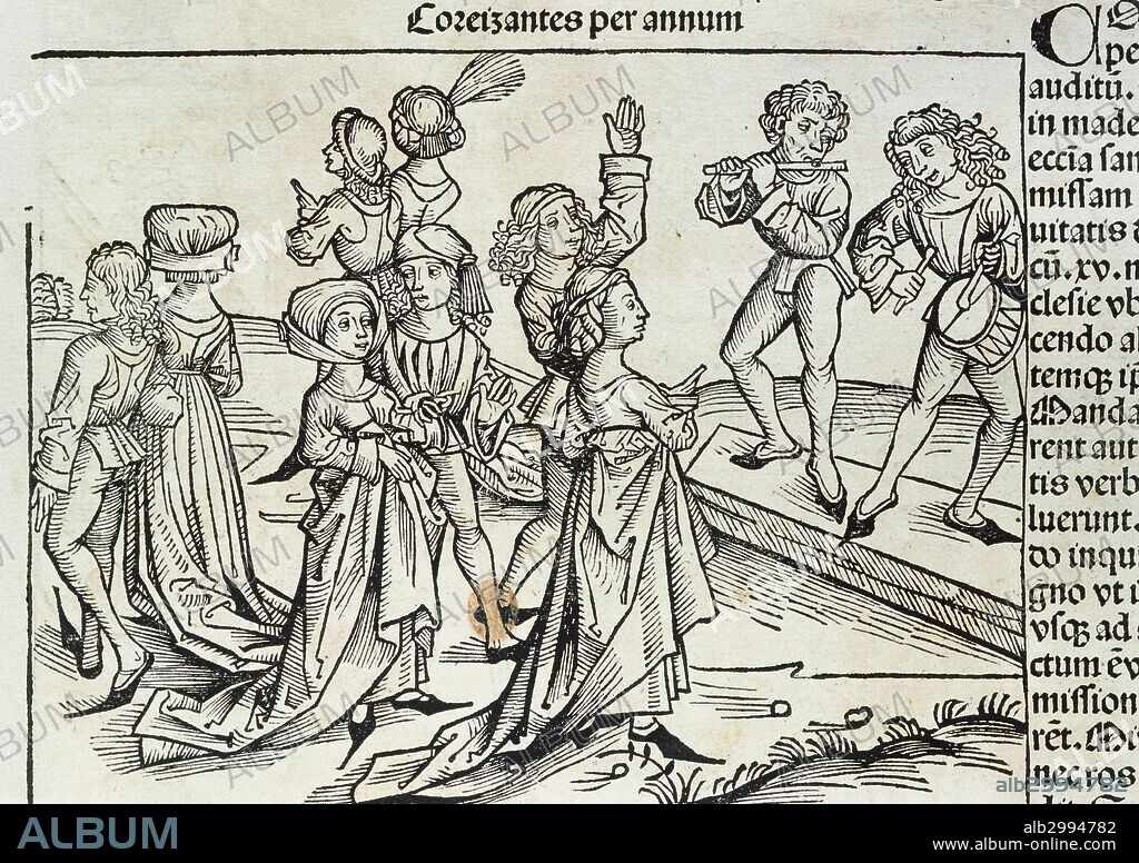 SOCIEDAD GERMANICA. SIGLO XVI. Representacion de una fiesta con música, cantos y danzas, en Magdeburgo (Alemania). Grabado del "Liber Chronicarum", obra de Hartman Schedel, del siglo XVI.