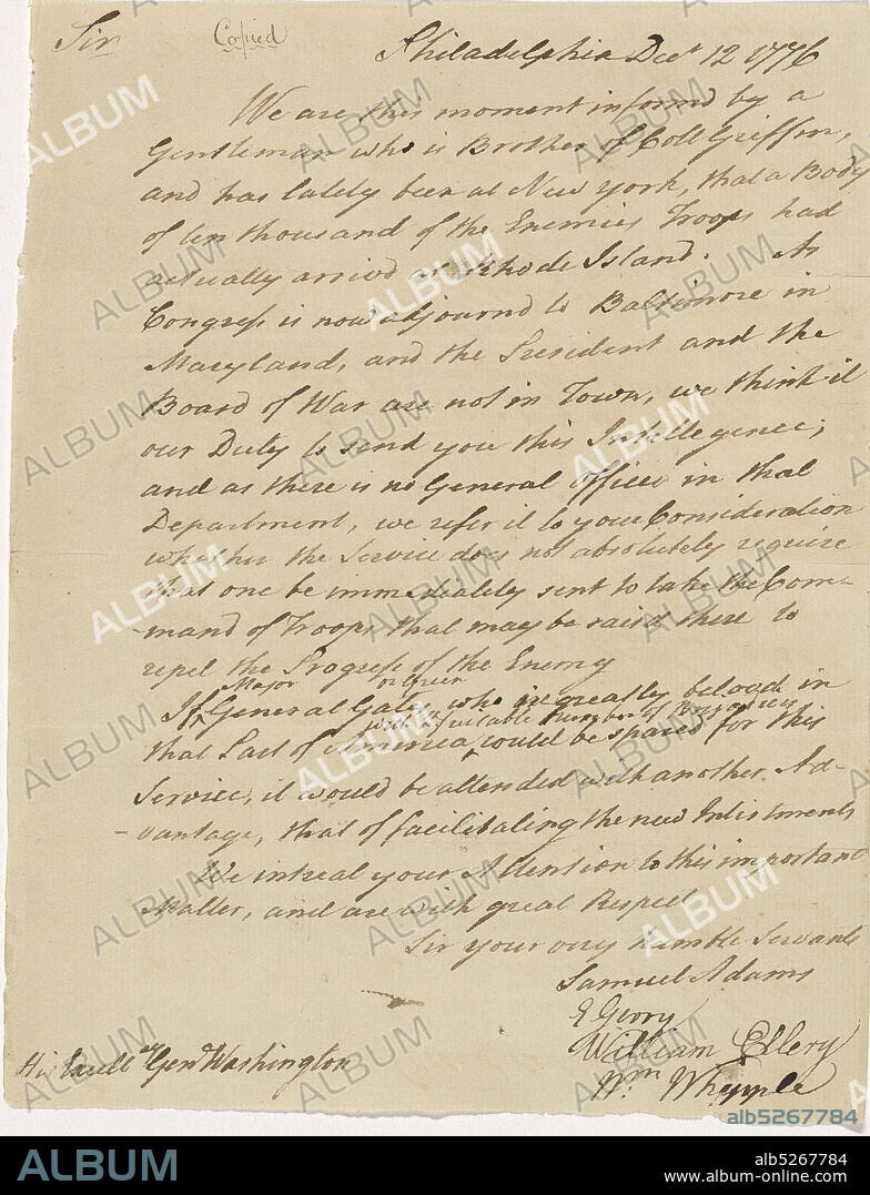 Letter from Samuel Adams, Elbridge Gerry, William Ellery, and William Whipple to George Washington, text, Correspondence, 1776.