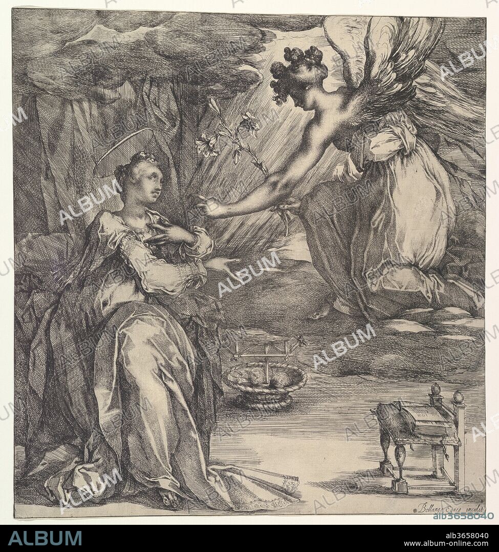 JACQUES DE BELLANGE. The Annunciation. Artist: Jacques Bellange (French, Bassigny (?) ca. 1575-1616 Nancy). Dimensions: image: 13 3/16 x 12 9/16 in. (33.5 x 31.9 cm), trimmed to image.