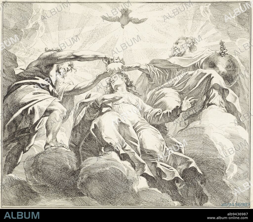 Mary is crowned in heaven by God the father and by Christ, above them the Holy Spirit in the form of a dove, Coronation of Mary, print maker: Jacob de Wit, after: Peter Paul Rubens, Amsterdam, 1705 - 1754, paper, etching, h mm × w mm, w 402 mm × 338 mm.