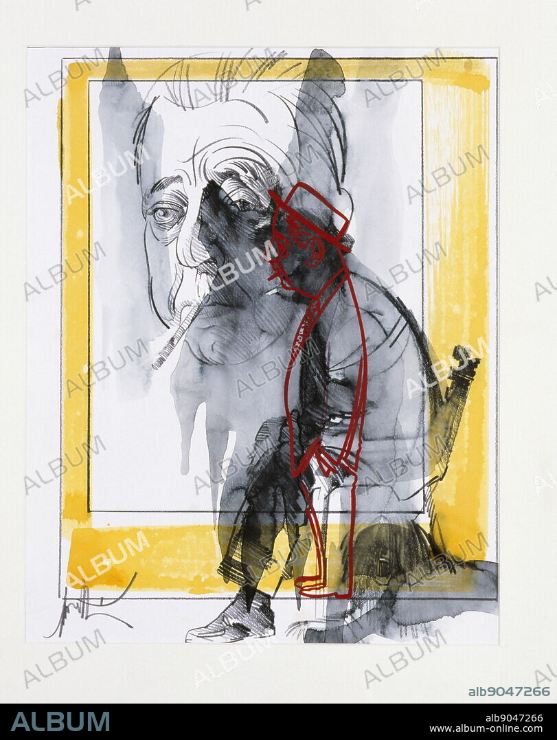 Jacques Prévert (1900 - 1977); French poet and screenwriter. Portrait on a poster by Raymond Moretti (1931-2005), a French painter and sculptor.