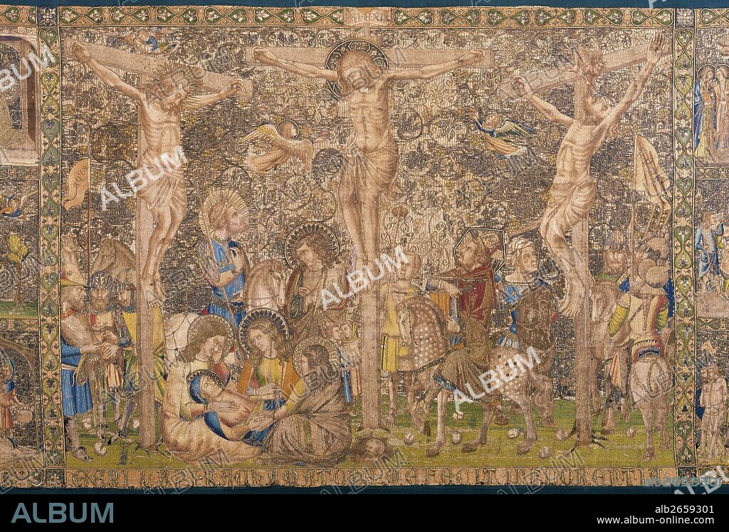 "FRONTAL FLORENTI". Tapiz. Frontal de altar. Bordado en Florencia por GERI DI LAPO en 1357. Escenifica momentos de la vida de Jesucristo. Muestra representativa de la influencia florentina en Cataluña. Realizado en tela de lino con bordados de seda e hilo de oro y plata, con técnica de punto de cruz o del conocido como medio punto de cruz. Procede del tesoro de la Seu de Manresa. Detalle. Museu Històric de la Seu de Manresa. Cataluña.