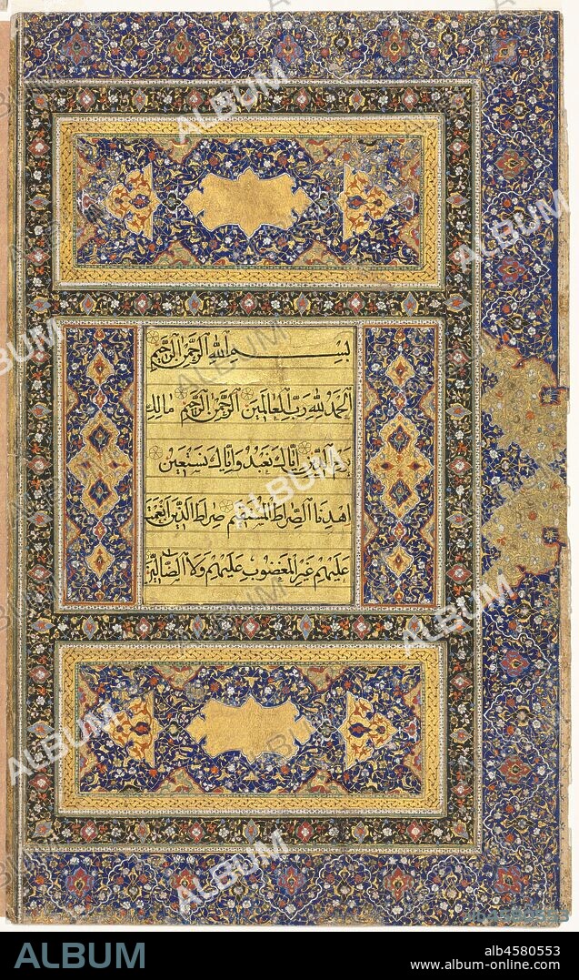 Quran Manuscript Folio (Verso); Right folio of Double-Page Illuminated Frontispiece, 1500s. The sending down of the Book is from God the All-mighty, the All-wise. Surah XXXIX: 1-3 The Quran is the sacred book of Islam. In the view of orthodox Muslims, it is the literal word of God as revealed to the Prophet Muhammad (d. 632) in the Arabic language, and thus, recorded in the Arabic script. Because of its association with the divine word, Arabic calligraphy came to be a supreme art form in the Islamic world. As the quintessential symbol of the culture, it became a pervasive decorative element in Islamic art and architecture. Although secondary to calligraphy, a splendid tradition of illumination --that is, ornamentation with colours and gold-- developed to enhance the pages of the Quran. Because of the prestige associated with the book arts in the Islamic world, the decorative motifs employed by illuminators (scrolling vines, blossoms, lozenges, adn cartouches) found their way into other art forms, for example, metalwork, textiles, and carpets.